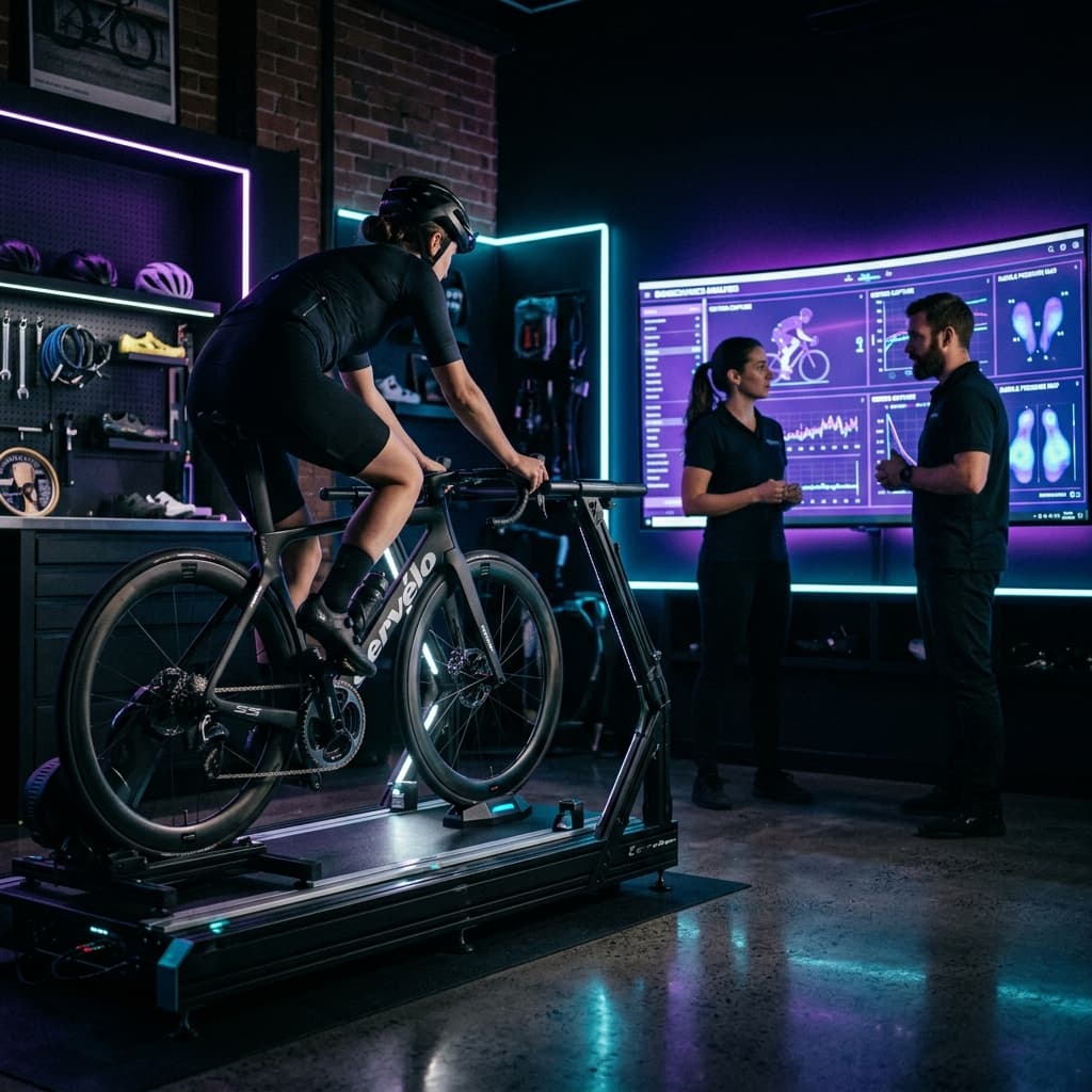 Biomechanics experts analyzing a cyclist in a high-tech studio