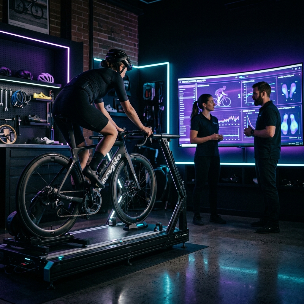 Biomechanics experts analyzing a cyclist in a high-tech studio